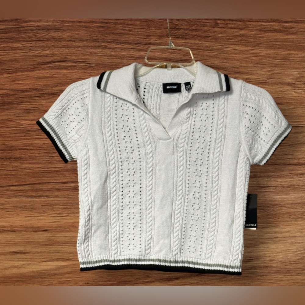 NWT RD Style Short-Sleeve Pointelle Polo Sweater